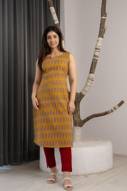 Women Mustard Printed Straight Sleeveless Kurta | LASVINI - Redefining Indian Fashion with Elegance