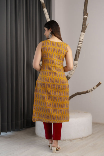 Women Mustard Printed Straight Sleeveless Kurta | LASVINI - Redefining Indian Fashion with Elegance