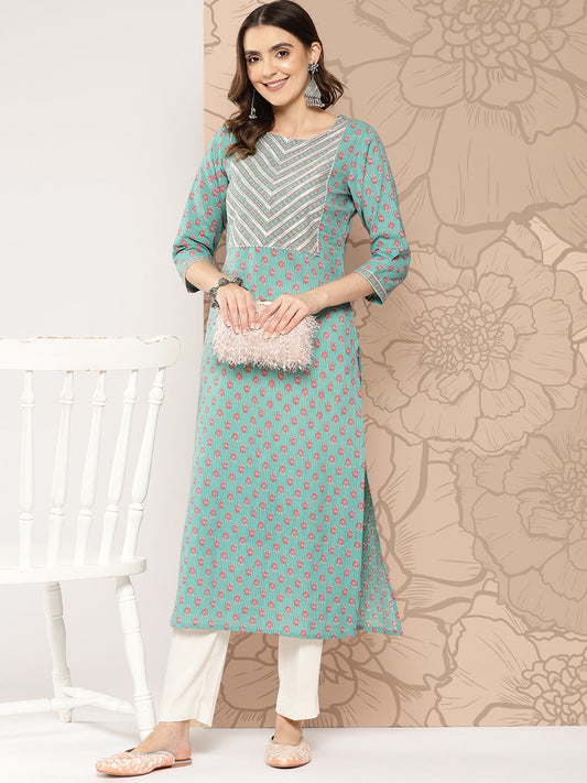 Women Green Ethnic Printed Straight Kurta With Three Quarter Sleeves | LASVINI - Redefining Indian Fashion with Elegance