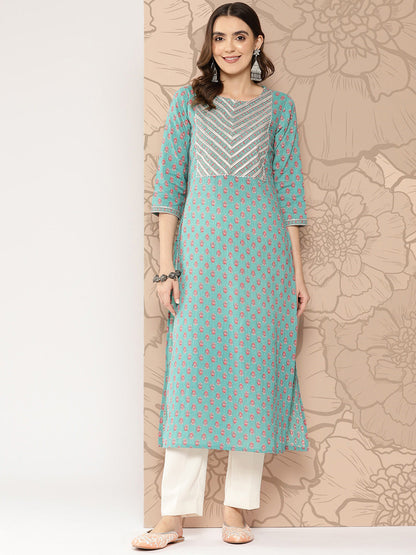 Women Green Ethnic Printed Straight Kurta With Three Quarter Sleeves | LASVINI - Redefining Indian Fashion with Elegance