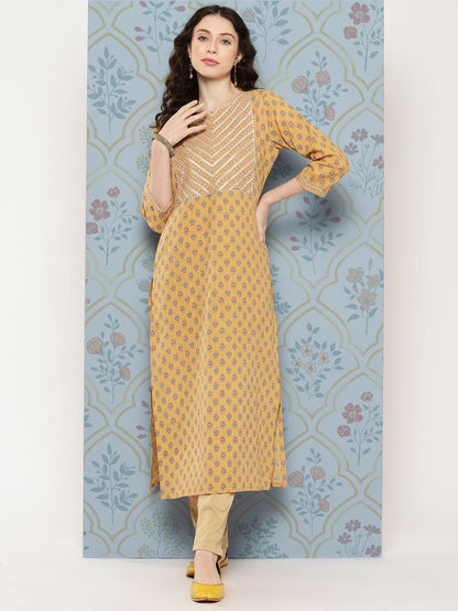 Women Mustard Straight Kurta With Three Quarter Sleeves | LASVINI - Redefining Indian Fashion with Elegance