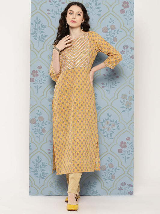 Women Mustard Straight Kurta With Three Quarter Sleeves | LASVINI - Redefining Indian Fashion with Elegance