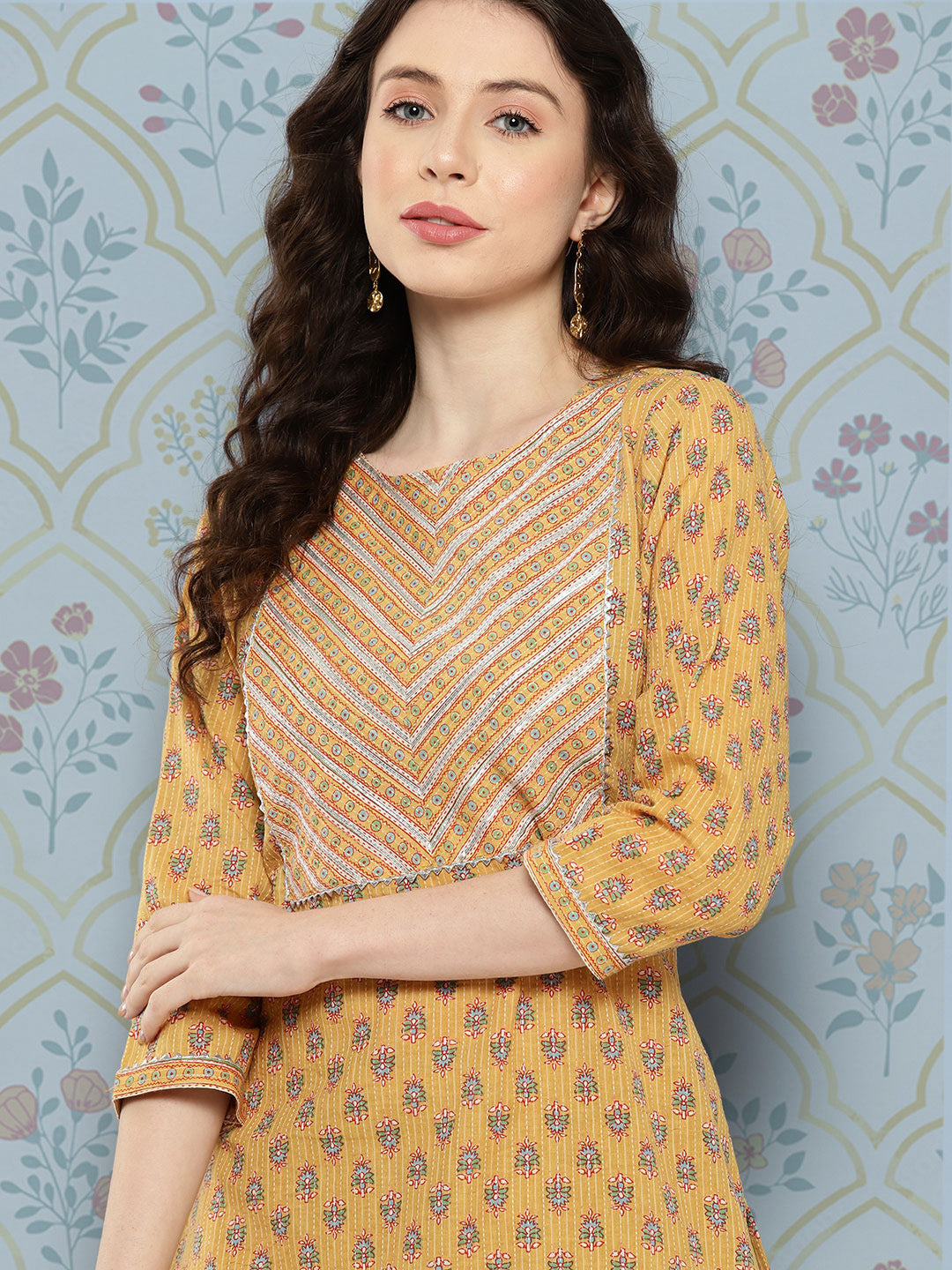 Women Mustard Straight Kurta With Three Quarter Sleeves | LASVINI - Redefining Indian Fashion with Elegance