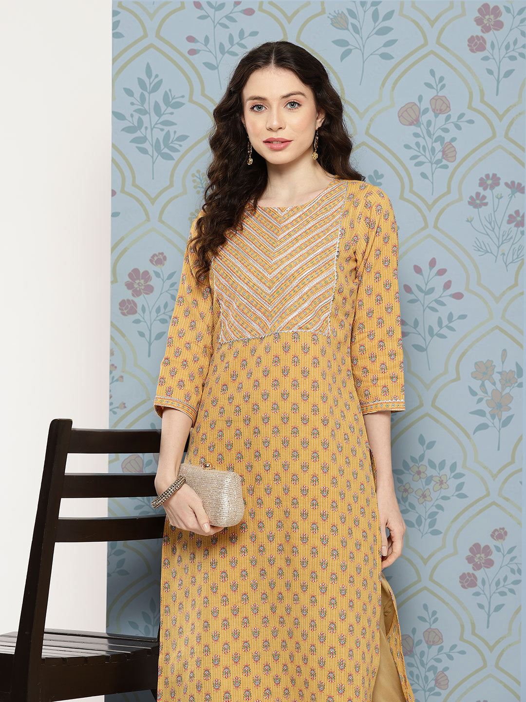 Women Mustard Straight Kurta With Three Quarter Sleeves | LASVINI - Redefining Indian Fashion with Elegance