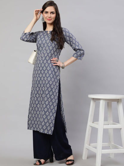 Women Grey Ethnic Printed Straight Kurta With Three Quarter Sleeves | LASVINI - Redefining Indian Fashion with Elegance