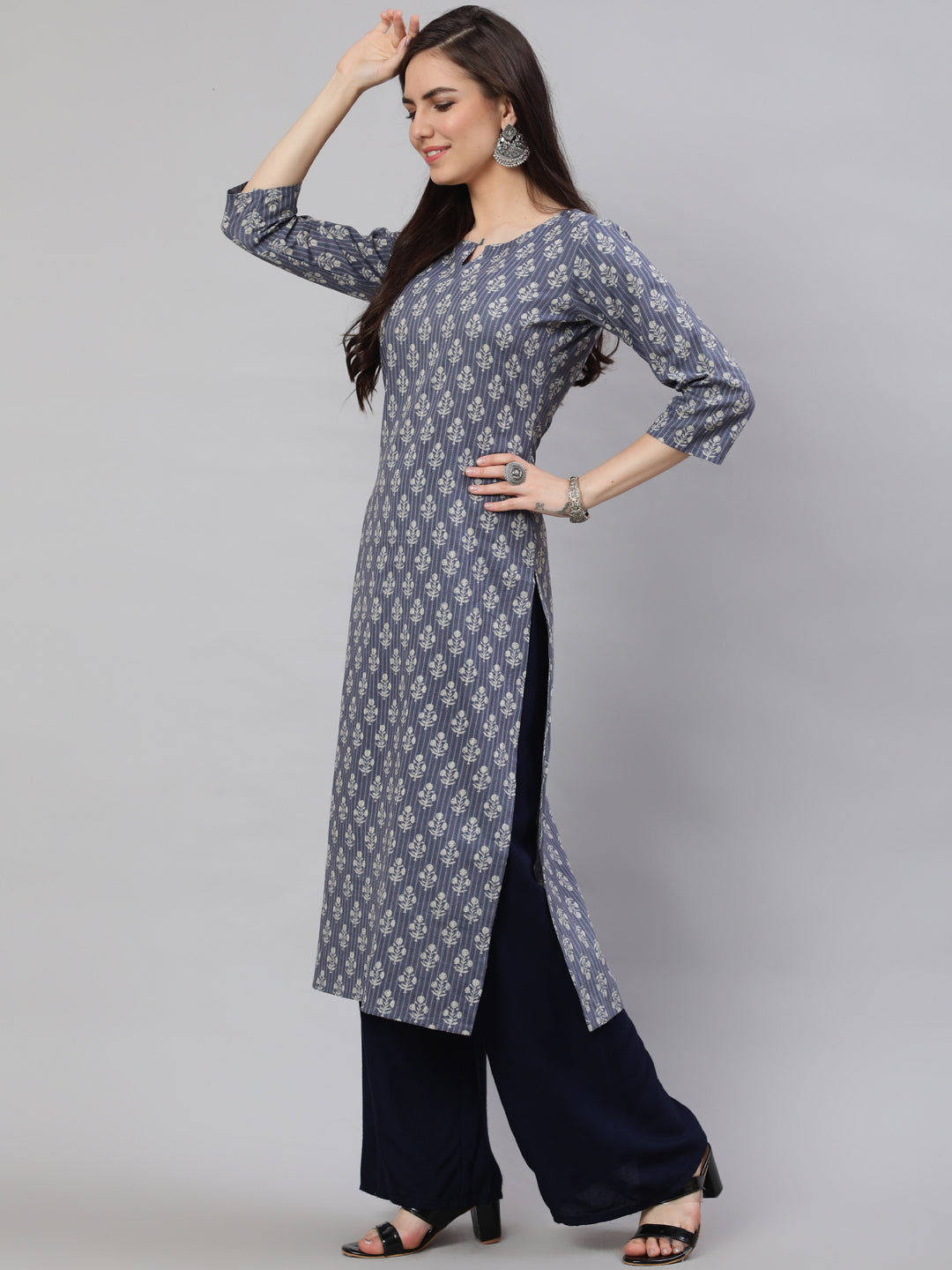Women Grey Ethnic Printed Straight Kurta With Three Quarter Sleeves | LASVINI - Redefining Indian Fashion with Elegance
