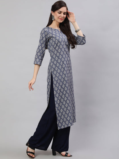 Women Grey Ethnic Printed Straight Kurta With Three Quarter Sleeves | LASVINI - Redefining Indian Fashion with Elegance
