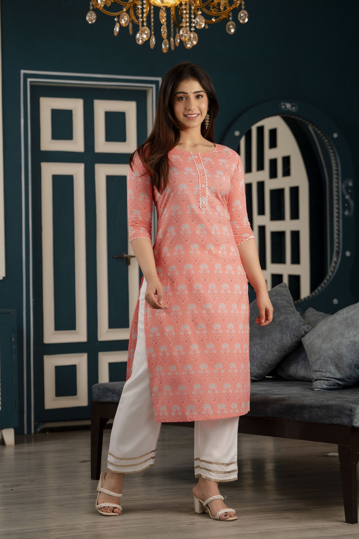 Women Pink Printed Straight Kurta With Three Quarter Sleeves | LASVINI - Redefining Indian Fashion with Elegance