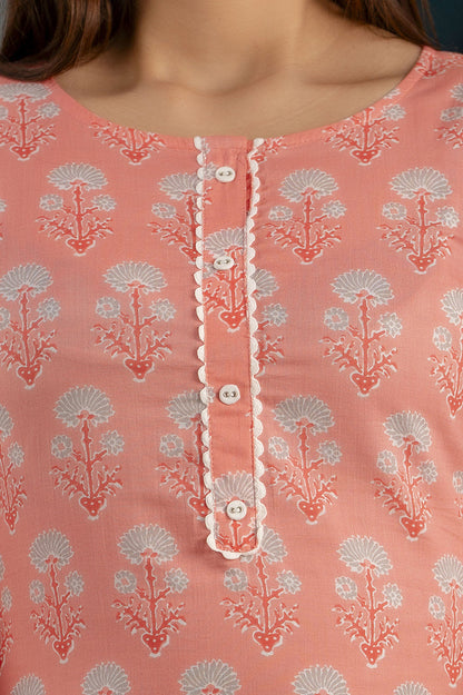 Women Pink Printed Straight Kurta With Three Quarter Sleeves | LASVINI - Redefining Indian Fashion with Elegance