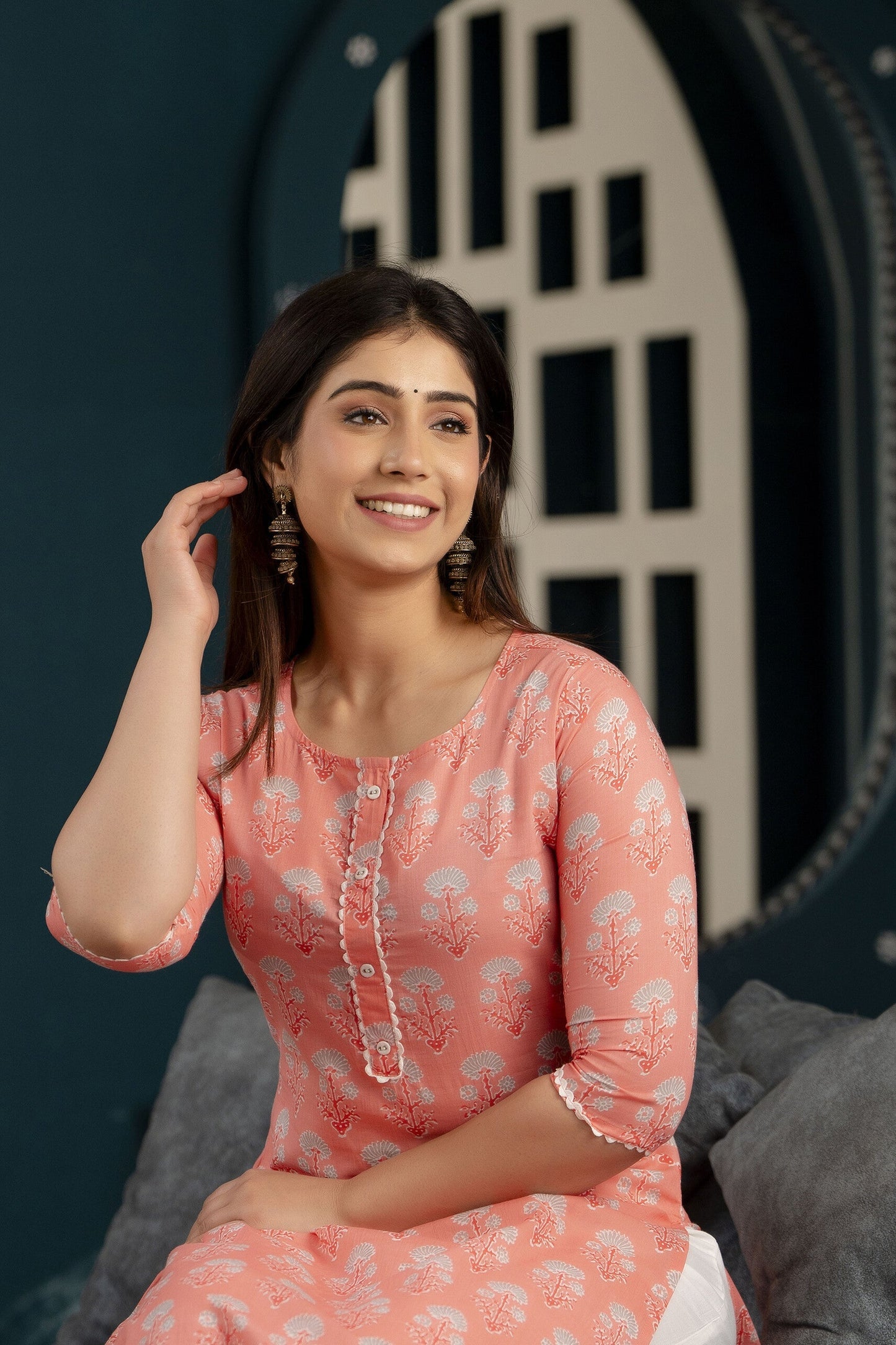 Women Pink Printed Straight Kurta With Three Quarter Sleeves | LASVINI - Redefining Indian Fashion with Elegance