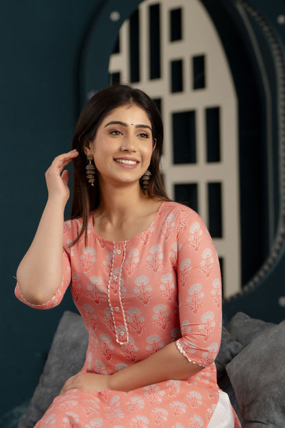 Women Pink Printed Straight Kurta With Three Quarter Sleeves | LASVINI - Redefining Indian Fashion with Elegance