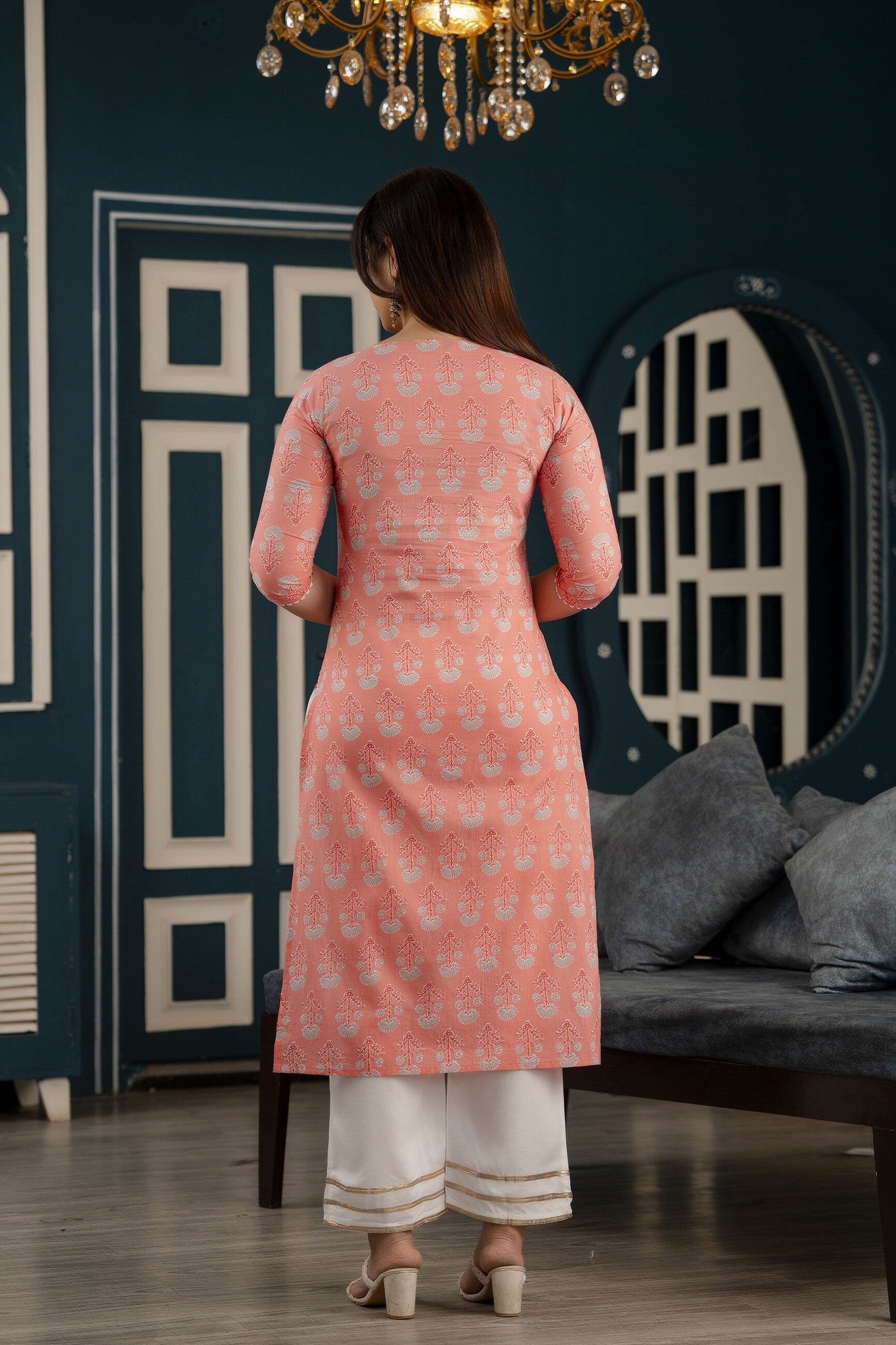 Women Pink Printed Straight Kurta With Three Quarter Sleeves | LASVINI - Redefining Indian Fashion with Elegance