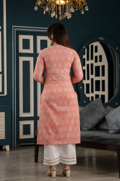 Women Pink Printed Straight Kurta With Three Quarter Sleeves | LASVINI - Redefining Indian Fashion with Elegance