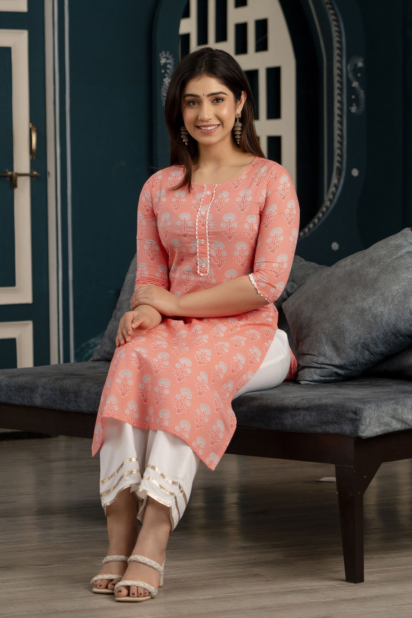 Women Pink Printed Straight Kurta With Three Quarter Sleeves | LASVINI - Redefining Indian Fashion with Elegance
