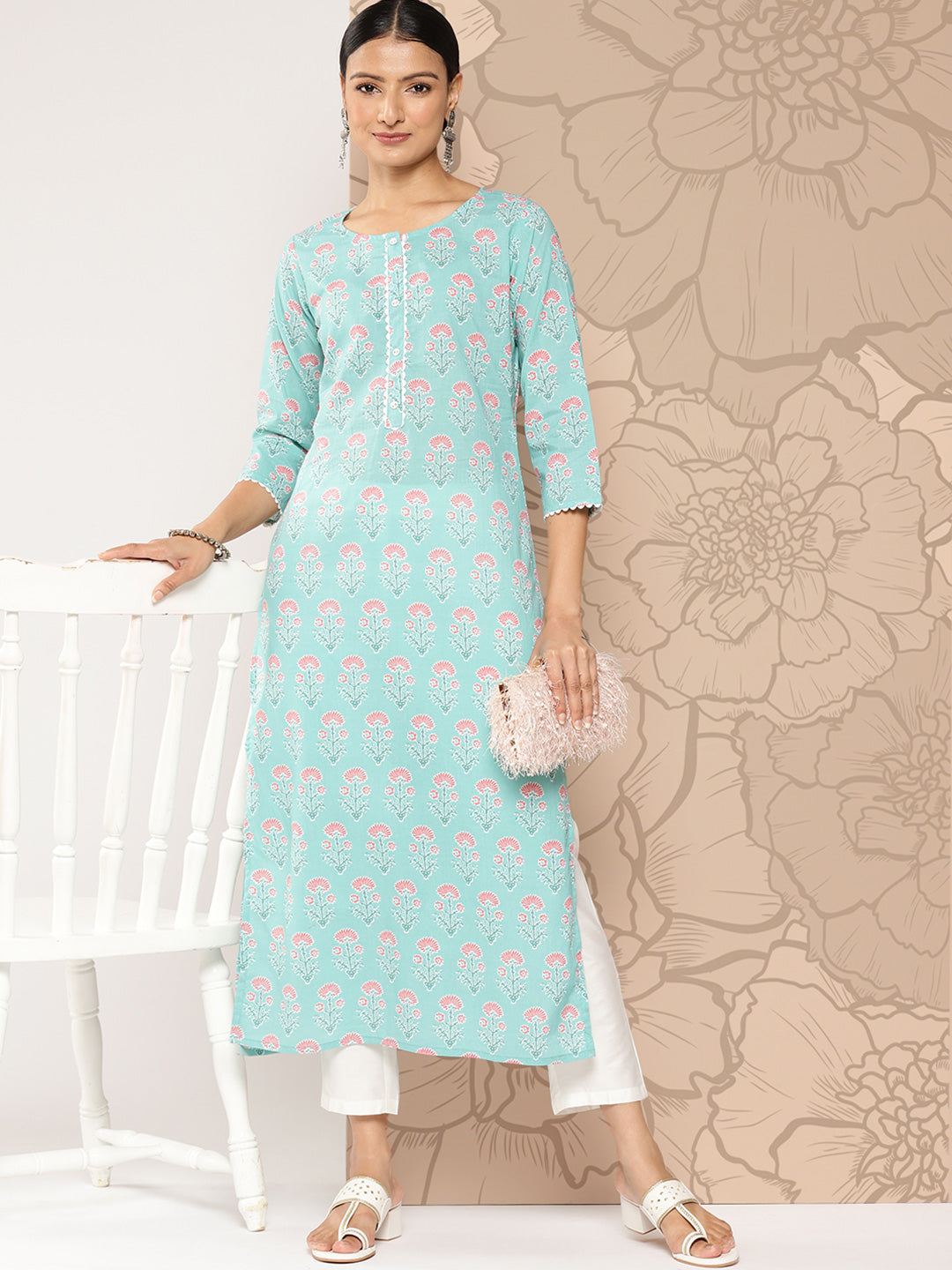 Women Blue Ethnic Straight Kurta With Three Quarter Sleeves | LASVINI - Redefining Indian Fashion with Elegance