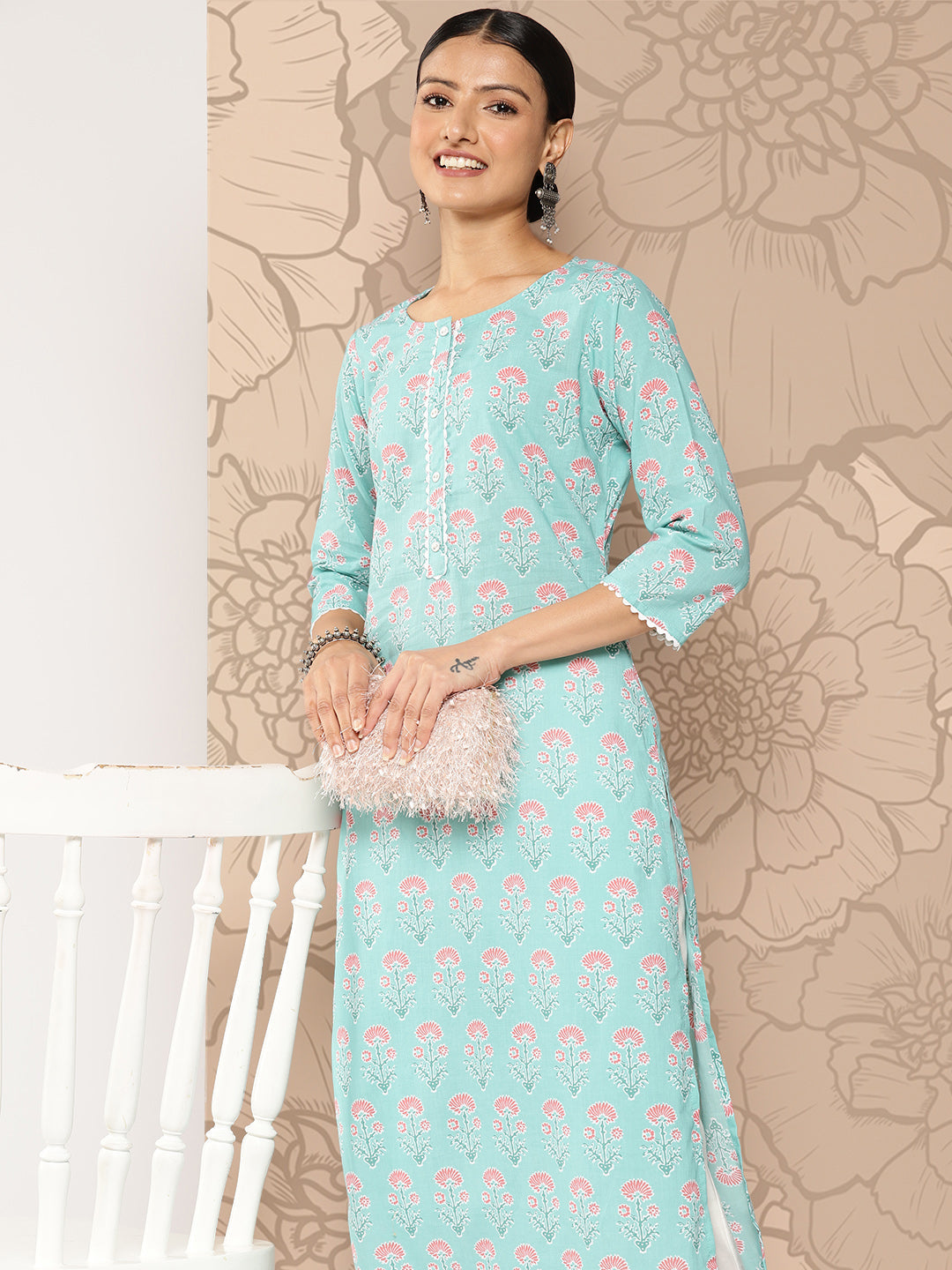 Women Blue Ethnic Straight Kurta With Three Quarter Sleeves | LASVINI - Redefining Indian Fashion with Elegance
