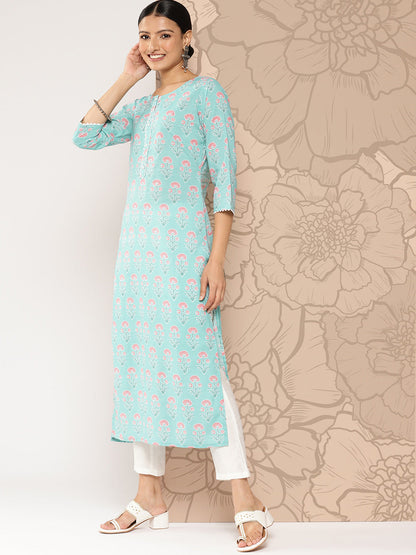 Women Blue Ethnic Straight Kurta With Three Quarter Sleeves | LASVINI - Redefining Indian Fashion with Elegance