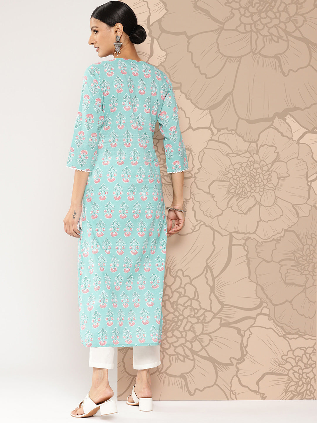 Women Blue Ethnic Straight Kurta With Three Quarter Sleeves | LASVINI - Redefining Indian Fashion with Elegance