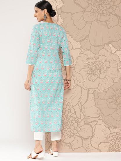 Women Blue Ethnic Straight Kurta With Three Quarter Sleeves | LASVINI - Redefining Indian Fashion with Elegance