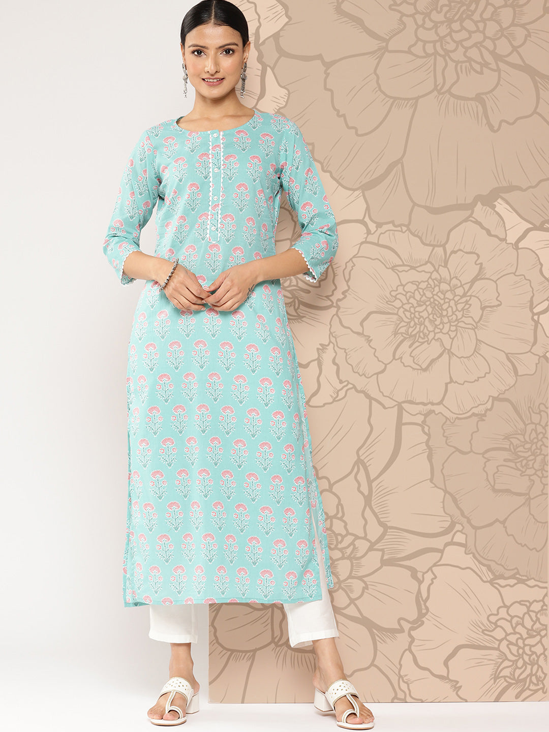 Women Blue Ethnic Straight Kurta With Three Quarter Sleeves | LASVINI - Redefining Indian Fashion with Elegance