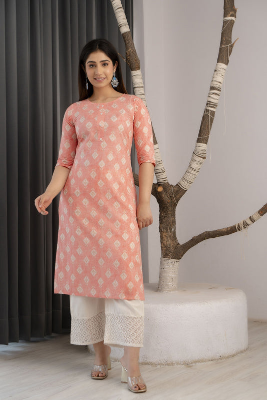 Women Peach Printed Straight Kurta With Three Quarter Sleeves | LASVINI - Redefining Indian Fashion with Elegance