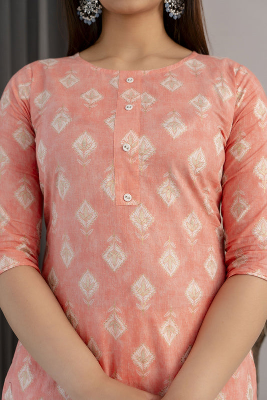 Women Peach Printed Straight Kurta With Three Quarter Sleeves | LASVINI - Redefining Indian Fashion with Elegance