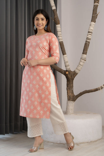 Women Peach Printed Straight Kurta With Three Quarter Sleeves | LASVINI - Redefining Indian Fashion with Elegance