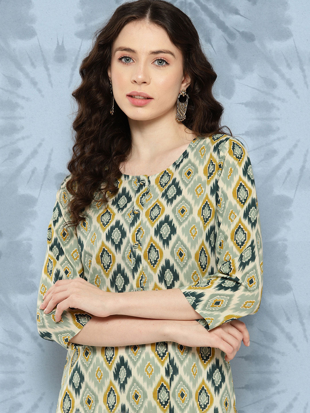 Women Multi Ikat Printed Straight Kurta With Three Quarter Sleeves | LASVINI - Redefining Indian Fashion with Elegance