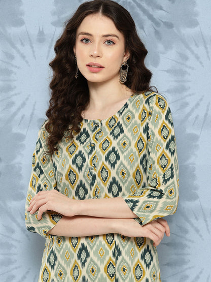 Women Multi Ikat Printed Straight Kurta With Three Quarter Sleeves | LASVINI - Redefining Indian Fashion with Elegance