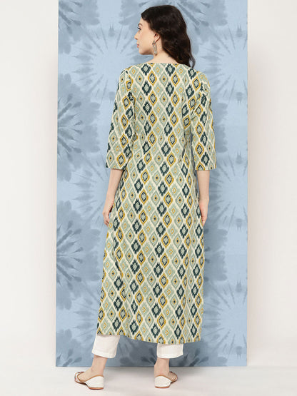 Women Multi Ikat Printed Straight Kurta With Three Quarter Sleeves | LASVINI - Redefining Indian Fashion with Elegance