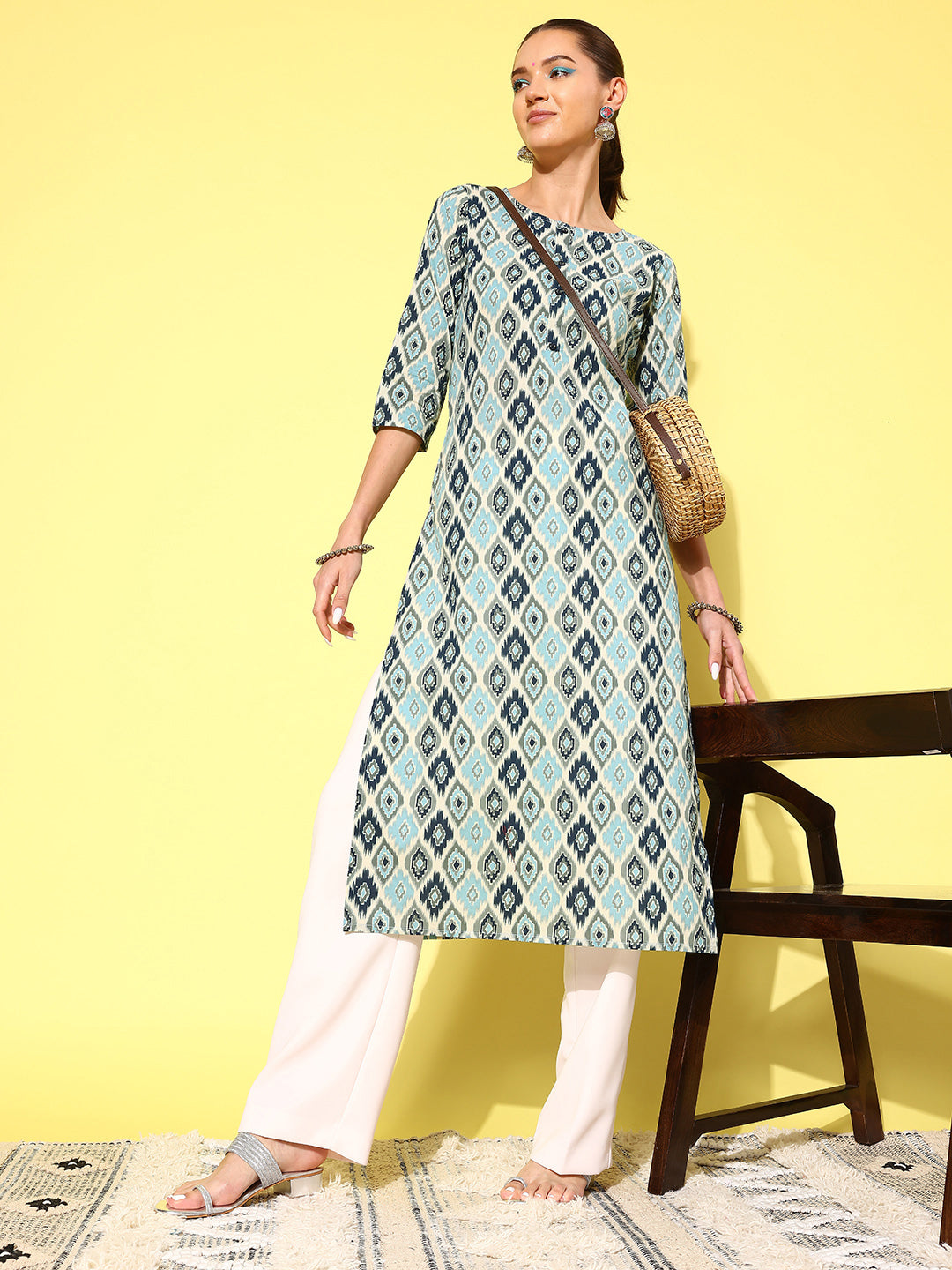 Women Blue Ethnic Printed Straight Kurta With Three Quarter Sleeves | LASVINI - Redefining Indian Fashion with Elegance