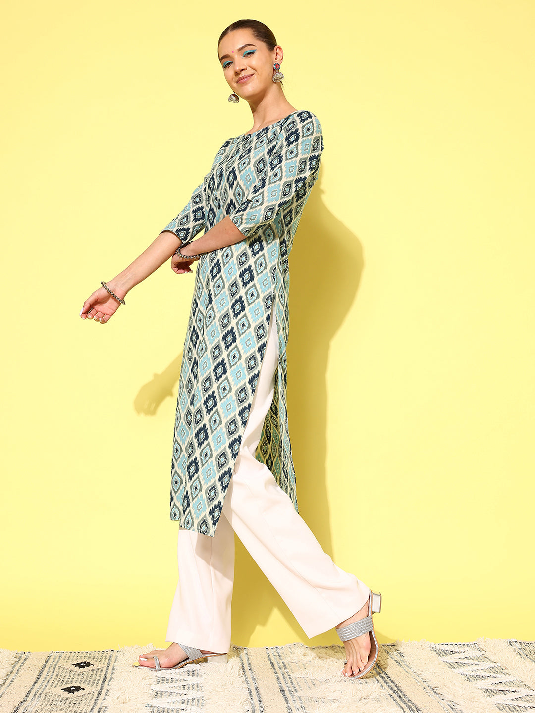Women Blue Ethnic Printed Straight Kurta With Three Quarter Sleeves | LASVINI - Redefining Indian Fashion with Elegance