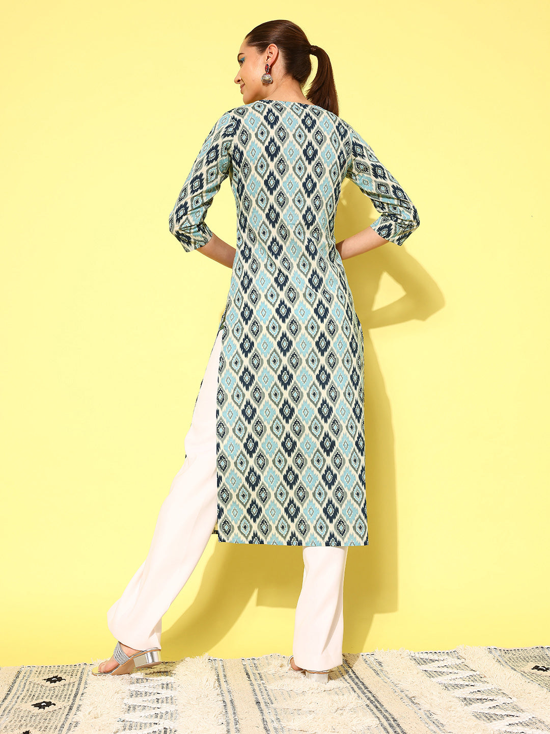 Women Blue Ethnic Printed Straight Kurta With Three Quarter Sleeves | LASVINI - Redefining Indian Fashion with Elegance