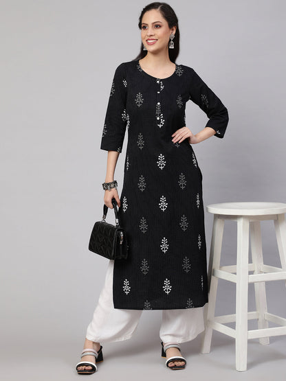 Women Black Printed Straight Kurta With Three Quarter Sleeves | LASVINI - Redefining Indian Fashion with Elegance