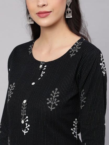 Women Black Printed Straight Kurta With Three Quarter Sleeves | LASVINI - Redefining Indian Fashion with Elegance