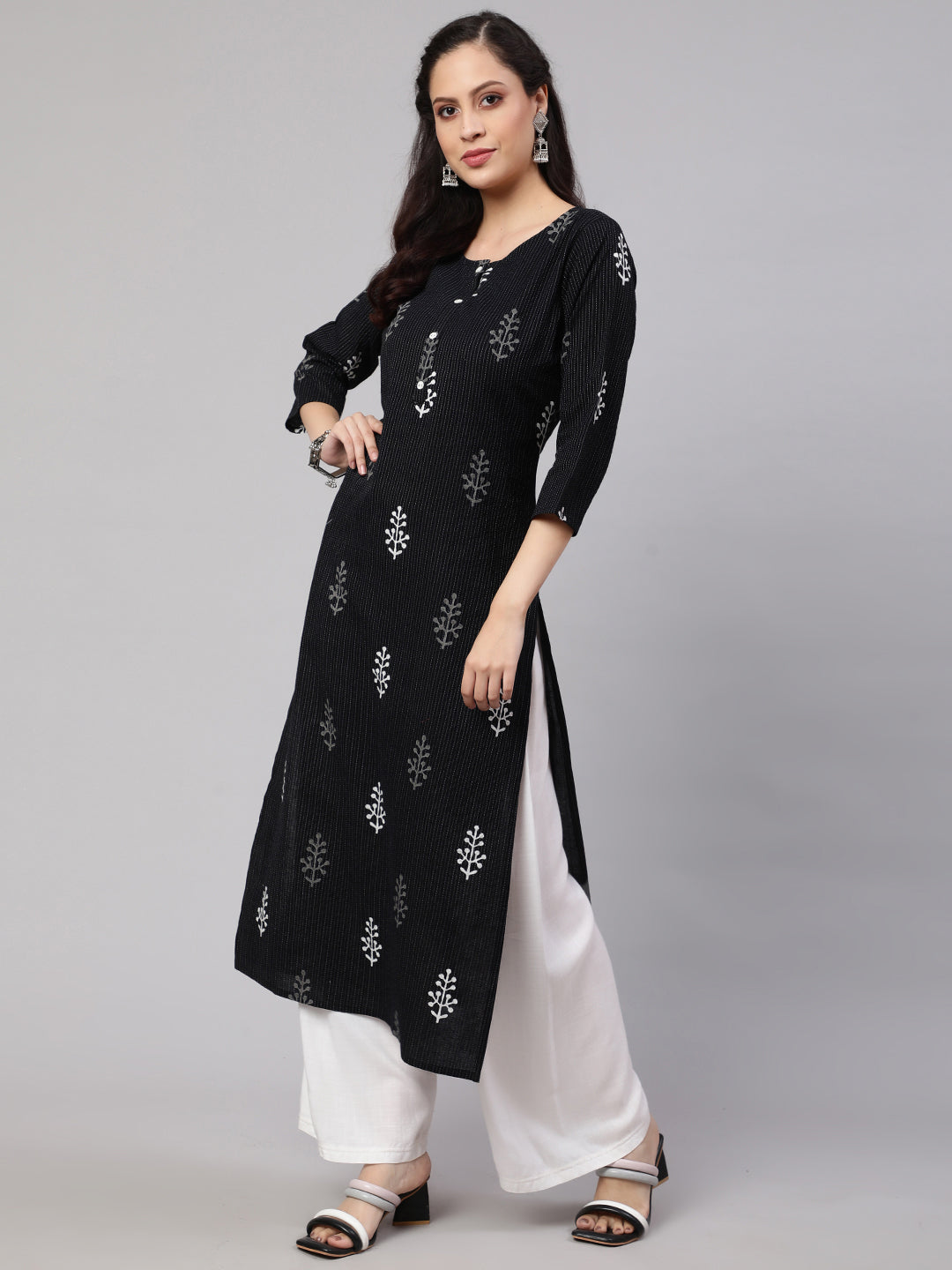 Women Black Printed Straight Kurta With Three Quarter Sleeves | LASVINI - Redefining Indian Fashion with Elegance