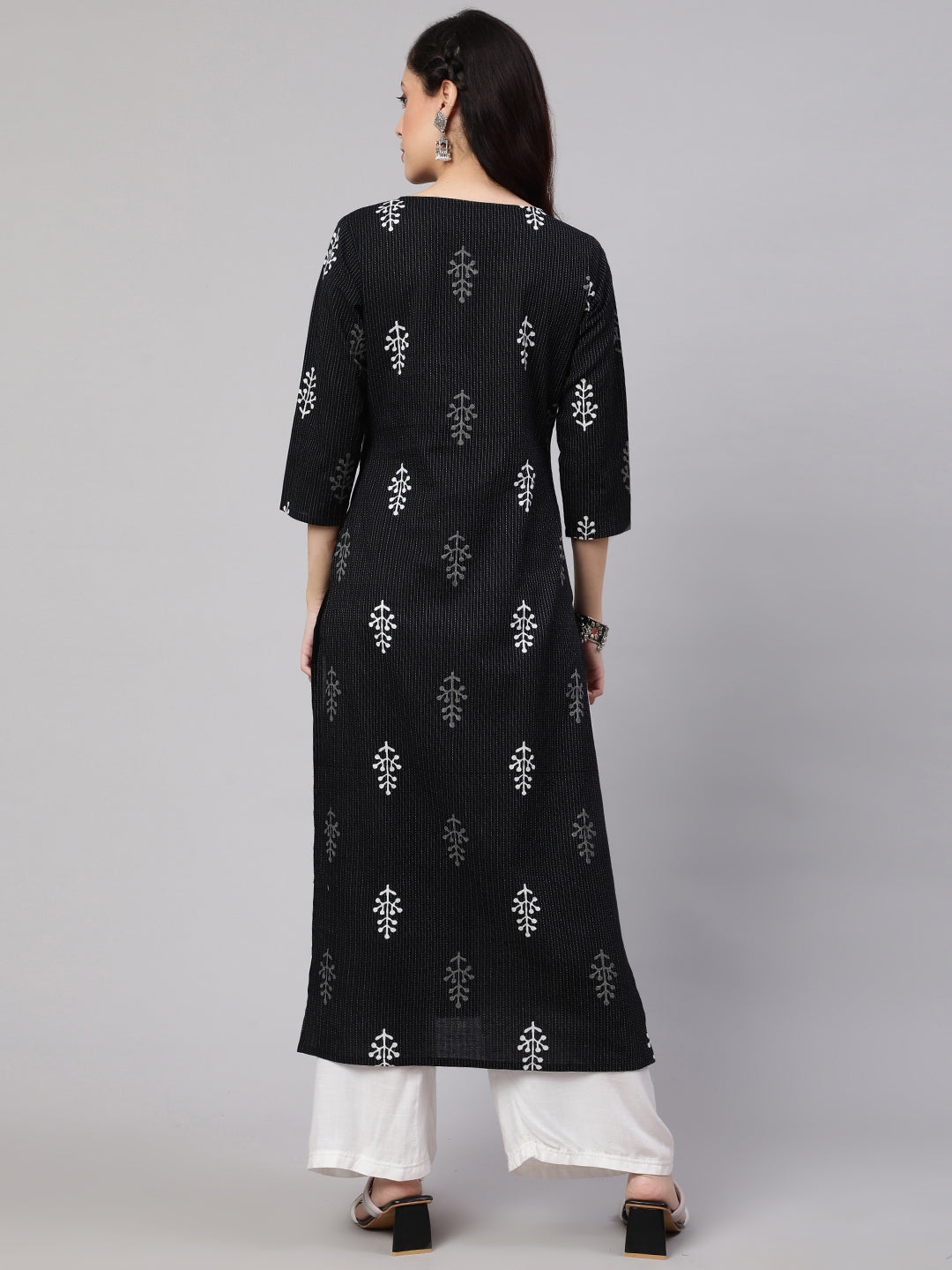 Women Black Printed Straight Kurta With Three Quarter Sleeves | LASVINI - Redefining Indian Fashion with Elegance