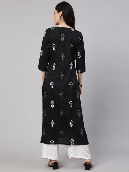 Women Black Printed Straight Kurta With Three Quarter Sleeves | LASVINI - Redefining Indian Fashion with Elegance