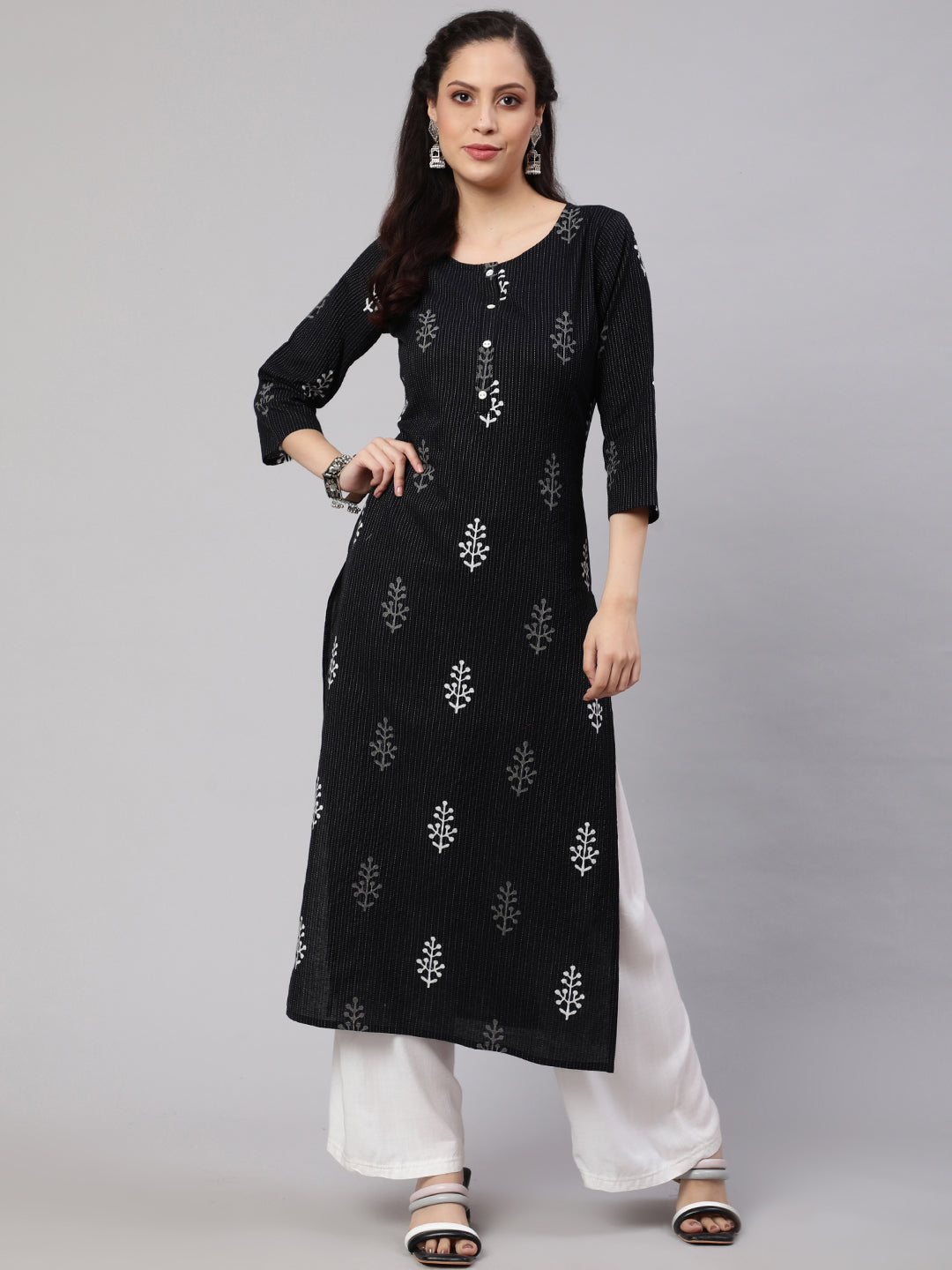 Women Black Printed Straight Kurta With Three Quarter Sleeves | LASVINI - Redefining Indian Fashion with Elegance