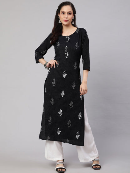 Women Black Printed Straight Kurta With Three Quarter Sleeves | LASVINI - Redefining Indian Fashion with Elegance