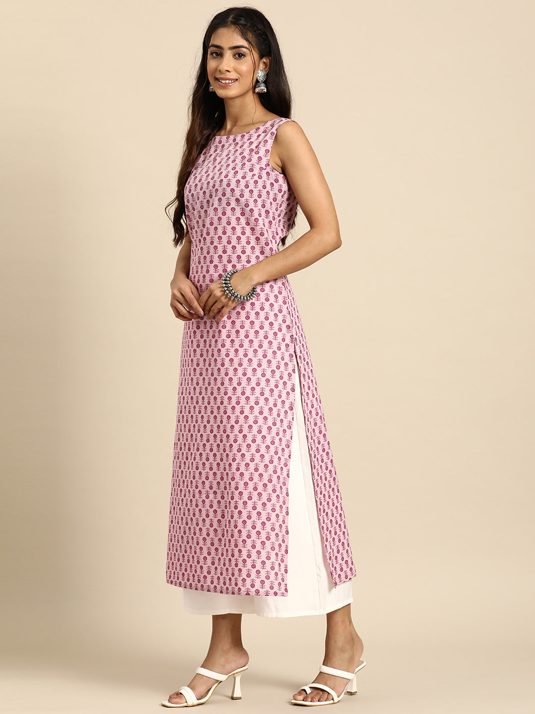 Women Mauve Ethnic Printed Straight Sleeveless Kurta | LASVINI - Redefining Indian Fashion with Elegance