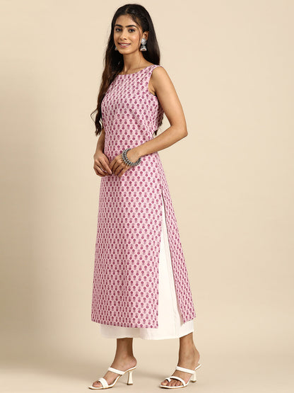 Women Mauve Ethnic Printed Straight Sleeveless Kurta | LASVINI - Redefining Indian Fashion with Elegance