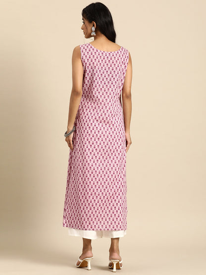 Women Mauve Ethnic Printed Straight Sleeveless Kurta | LASVINI - Redefining Indian Fashion with Elegance