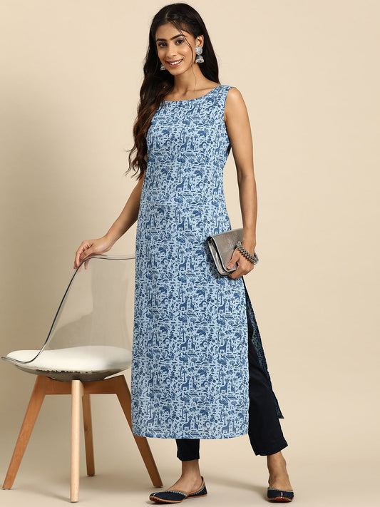 Women Blue Ethnic Printed Straight Sleeveless Kurta | LASVINI - Redefining Indian Fashion with Elegance