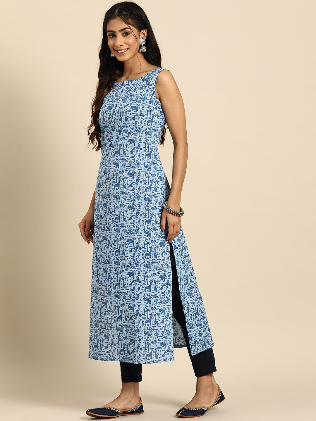 Women Blue Ethnic Printed Straight Sleeveless Kurta | LASVINI - Redefining Indian Fashion with Elegance
