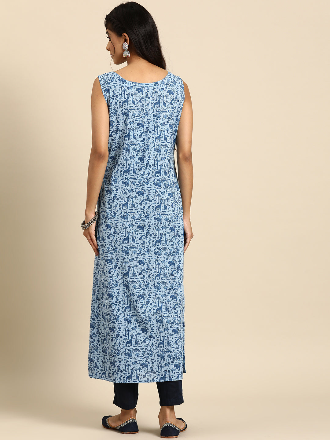 Women Blue Ethnic Printed Straight Sleeveless Kurta | LASVINI - Redefining Indian Fashion with Elegance