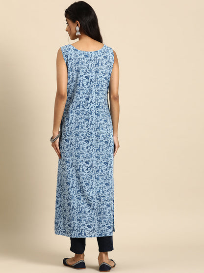 Women Blue Ethnic Printed Straight Sleeveless Kurta | LASVINI - Redefining Indian Fashion with Elegance