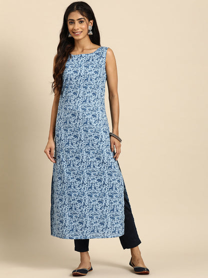 Women Blue Ethnic Printed Straight Sleeveless Kurta | LASVINI - Redefining Indian Fashion with Elegance