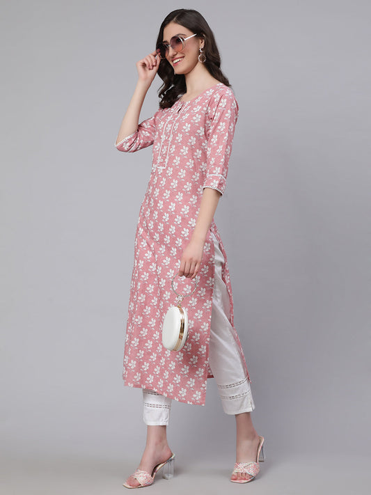 Women Pink Printed Straight Kurta With Three Quarter Sleeves | LASVINI - Redefining Indian Fashion with Elegance
