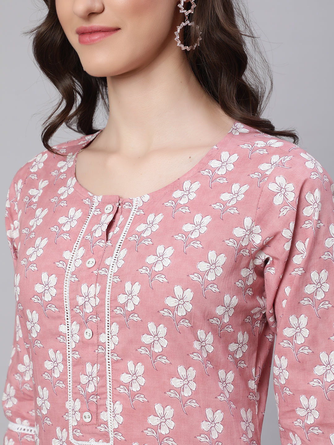 Women Pink Printed Straight Kurta With Three Quarter Sleeves | LASVINI - Redefining Indian Fashion with Elegance